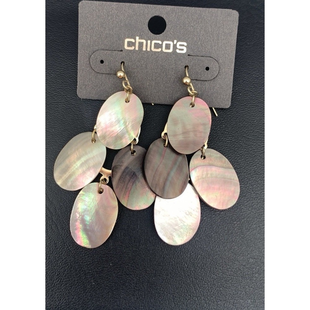 NWT Chico's Iridescent Mother Of Pearl Shell Disc Dangle Earrings